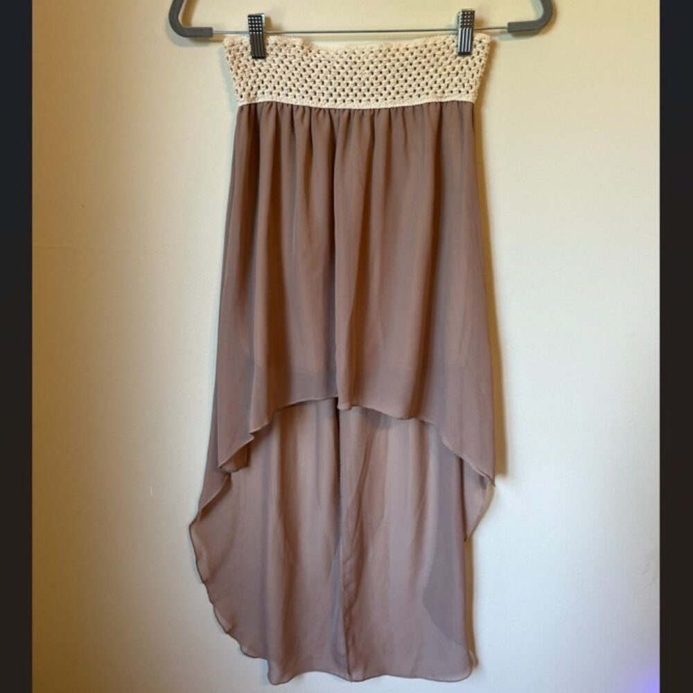 Bella D. Taupe High-Low Chiffon Skirt with Crochet Waistband Women's Size M